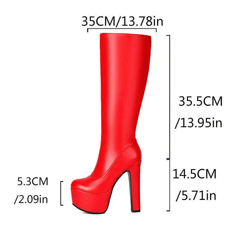 KIMLUD, Black Red White Women Knee High Boots Platform Thick High Heel Ladies Calf Boots PU Leather Square Toe Side Zipper Dress Shoes, KIMLUD Womens Clothes
