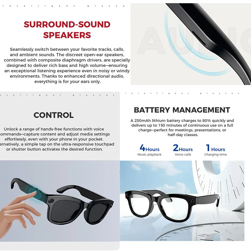 AI Smart Glasses Built-in Camera Photography Video Recording Voice Translation 250mAh Waterproof Music Bluetooth Smart Glasses
