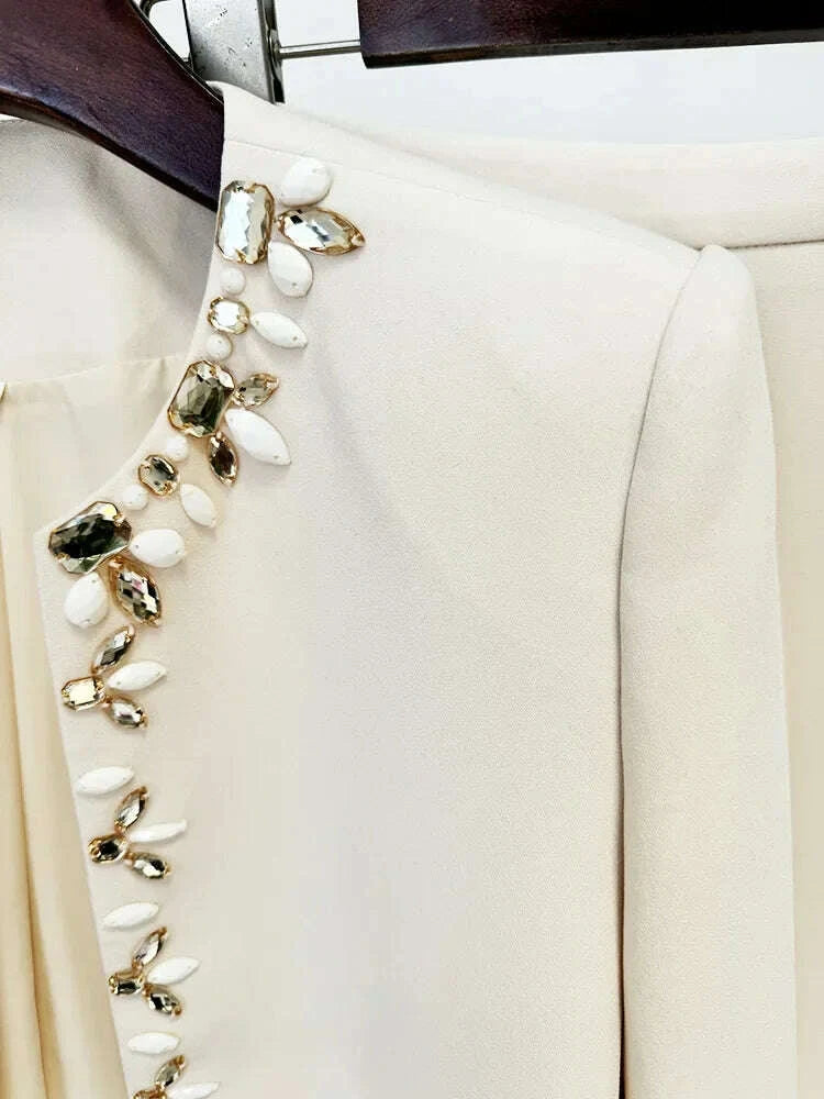 KIMLUD, HIGH QUALITY Newest Fashion 2025 Designer Suit Set Women's Rhinestone Diamonds Beaded Cardigan Jacket Split Half Skirt Set 2pcs, KIMLUD Womens Clothes