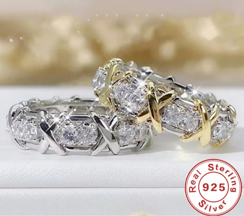 KIMLUD, Luxury 925 Sterling Silver Ring Interlaced With Aaa Zircon Crystal Ring For A Woman'S Engagement Jewelry Gift 2 Color Choices, KIMLUD Womens Clothes