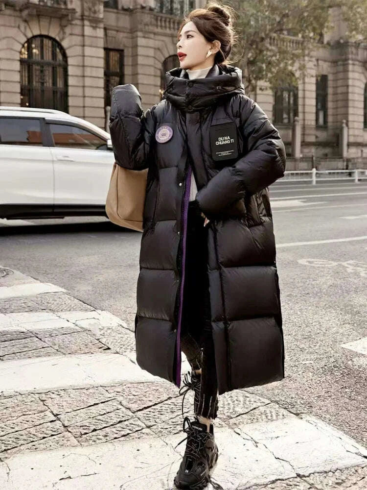 KIMLUD, New Arrivals Winter White White Duck Down Hooded Long Puffer Jacket Thickened Warm Solid Color Fashion Windproof Down Jacket, KIMLUD Womens Clothes