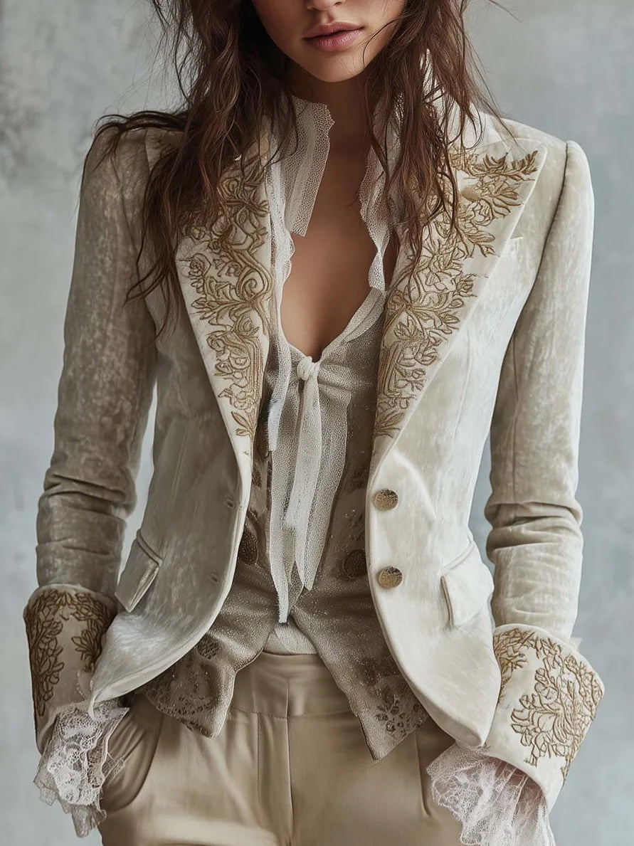 2026 Gold Velvet Long Sleeve Suit with Pockets for Women Floral Print Bell Sleeve Street Style Casual Set