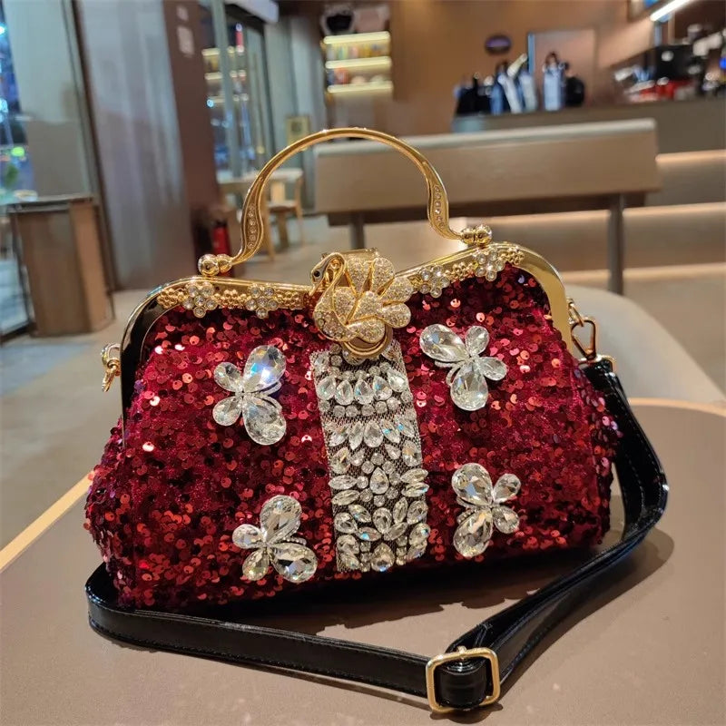 Leather Crystal Sequin Buckle Handbag — Black | KIMLUD