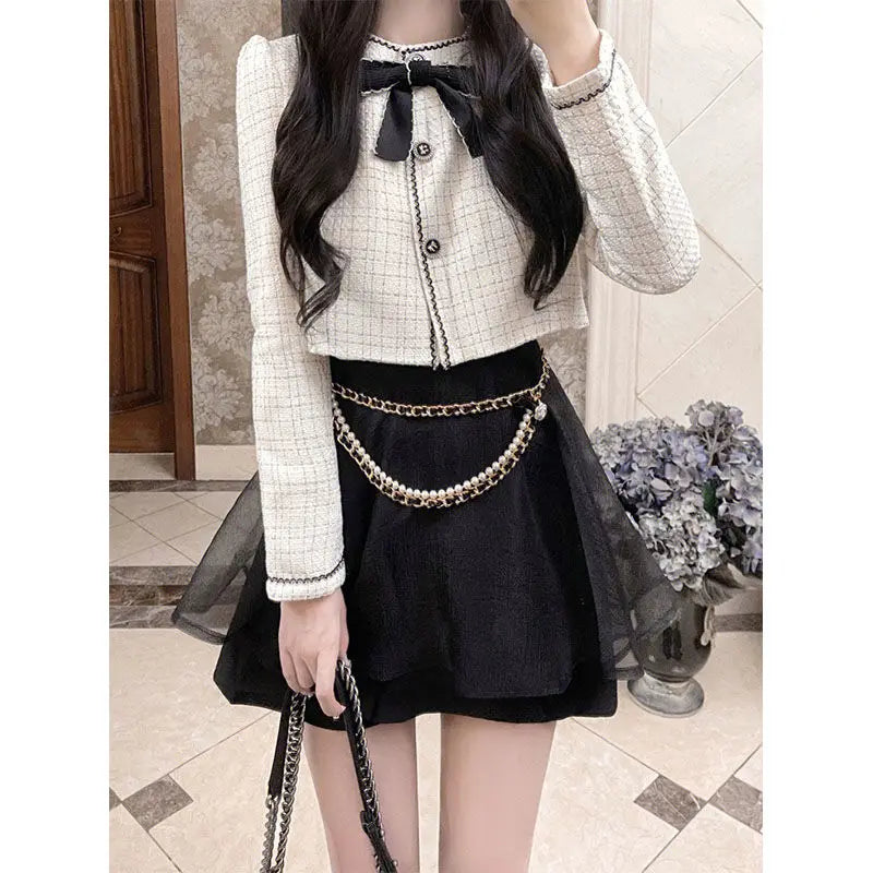 Temperament Two Piece Stes Women 2025 Ropa Mujer Bow Lang Sleeve Jackets Mini Pleated Skirt Outfits Fashion Sweet Y2k Clothes