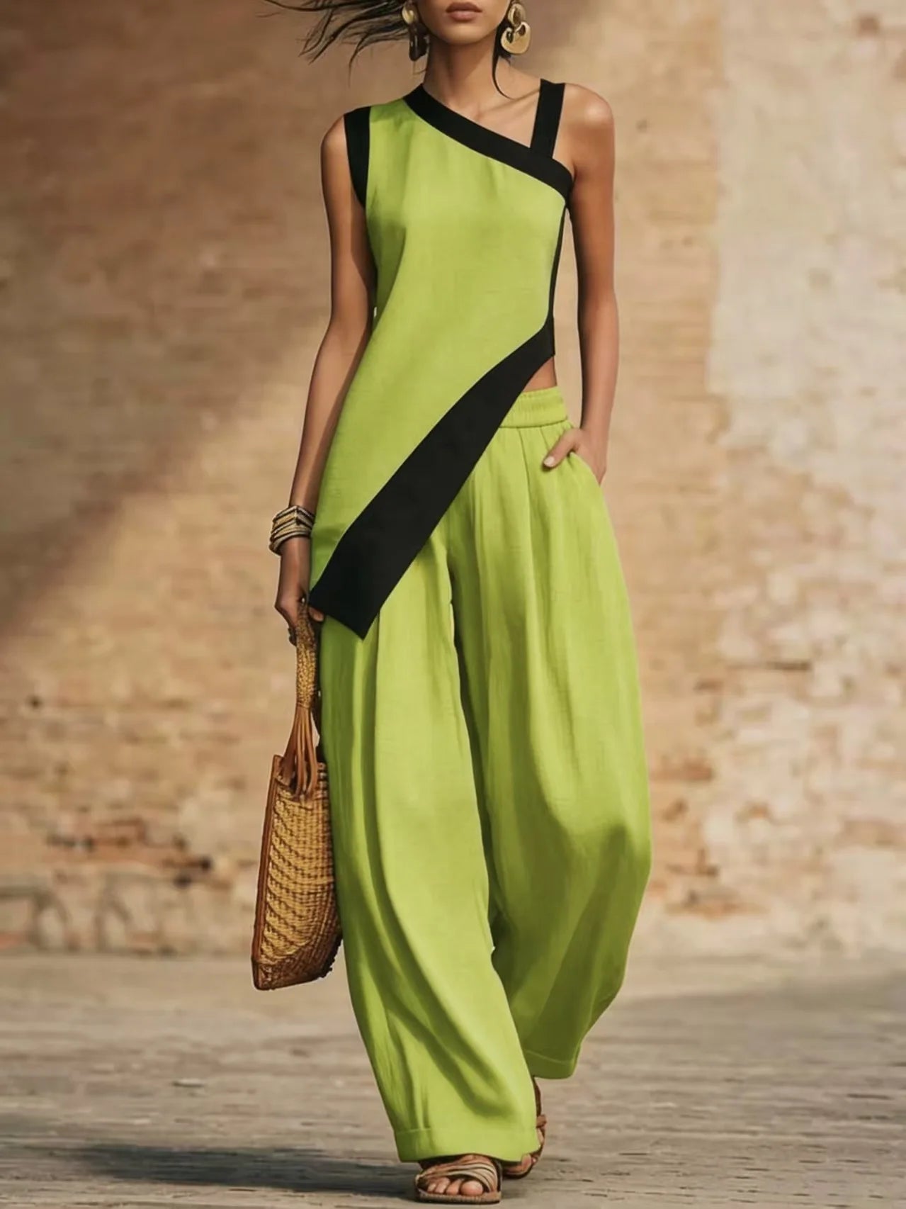 Wide Leg Color Block Pants And Top Set — Black | KIMLUD