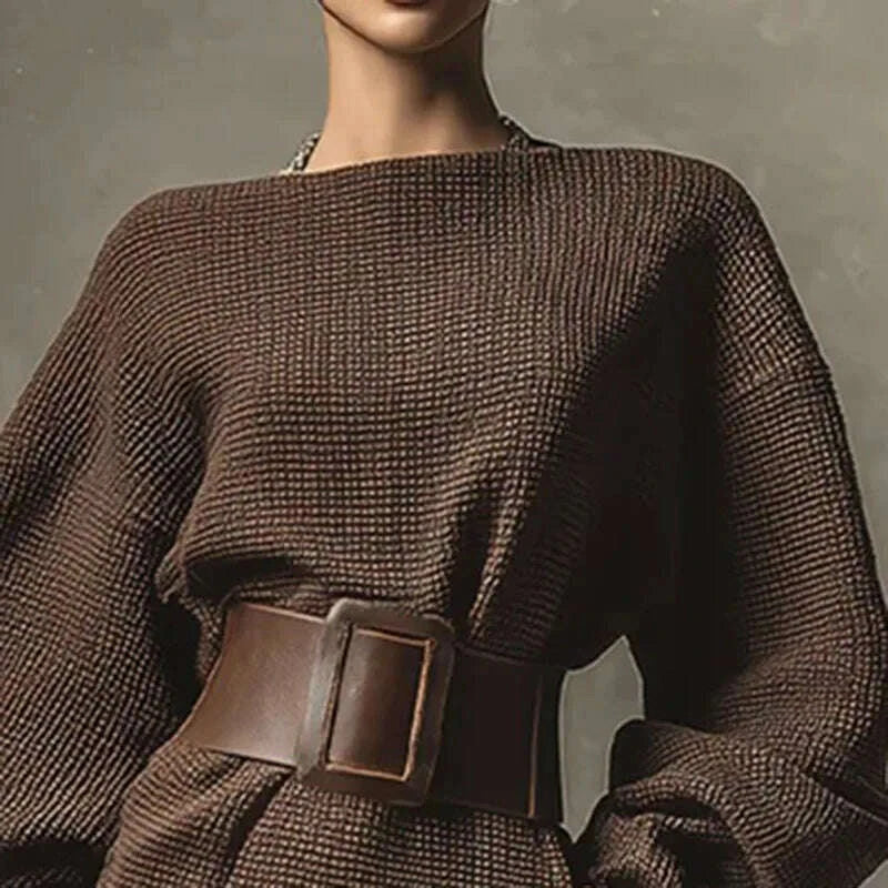 KIMLUD, Fall Winter Solid Color Knit Sweater Dress Woman Sexy Slash Neck Sashes Slim Mini Dress Retro Batwing Long Sleeve Pullover Dress, KIMLUD Womens Clothes