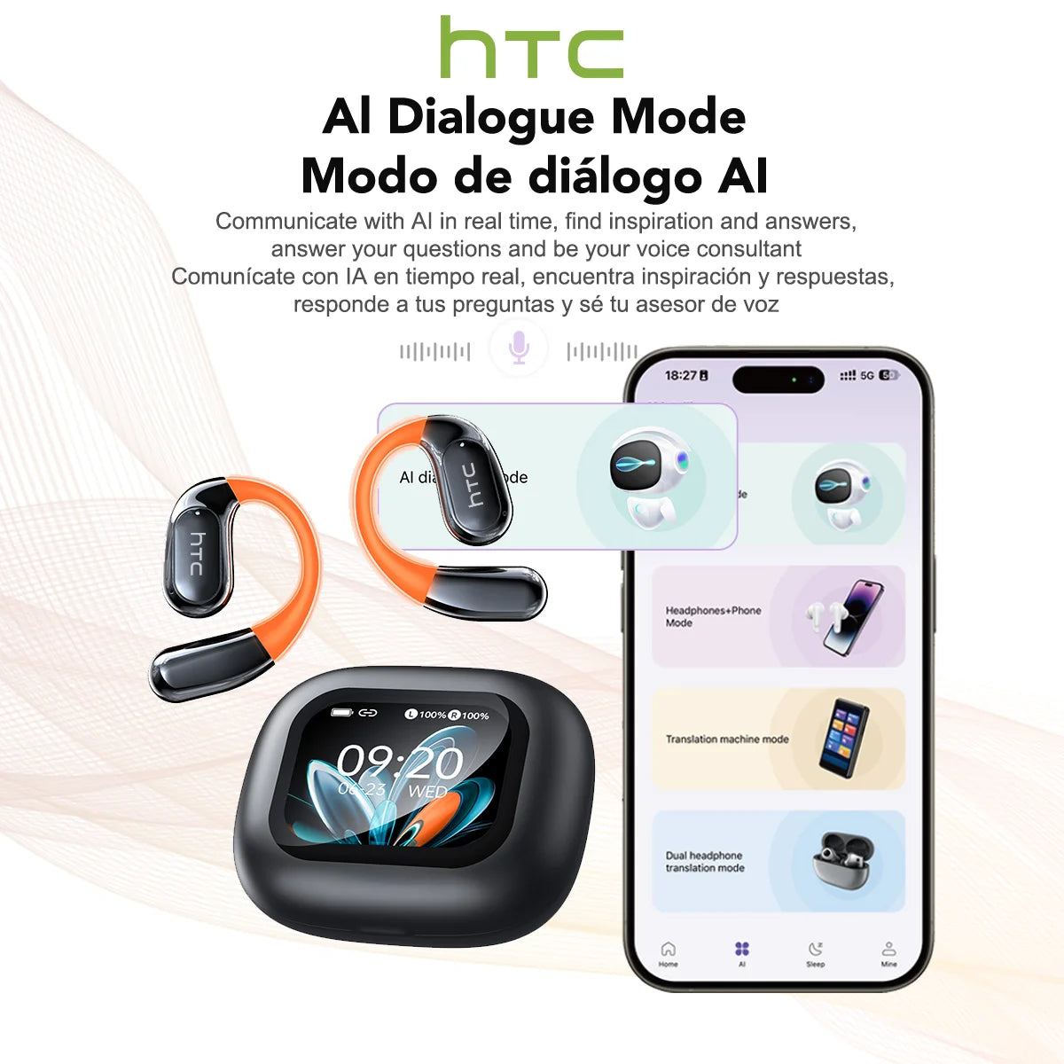 HTC Bluetooth Headphones Full HD LCD Display Wireless Earphones Translation Earbuds Clear Sound Quality with400mAh Charging Case