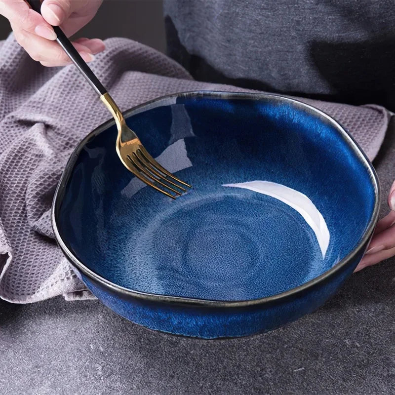 Bone China Bowl Irregular Japanese-Inspired Shape With Soft Flared Rim — Blue | KIMLUD