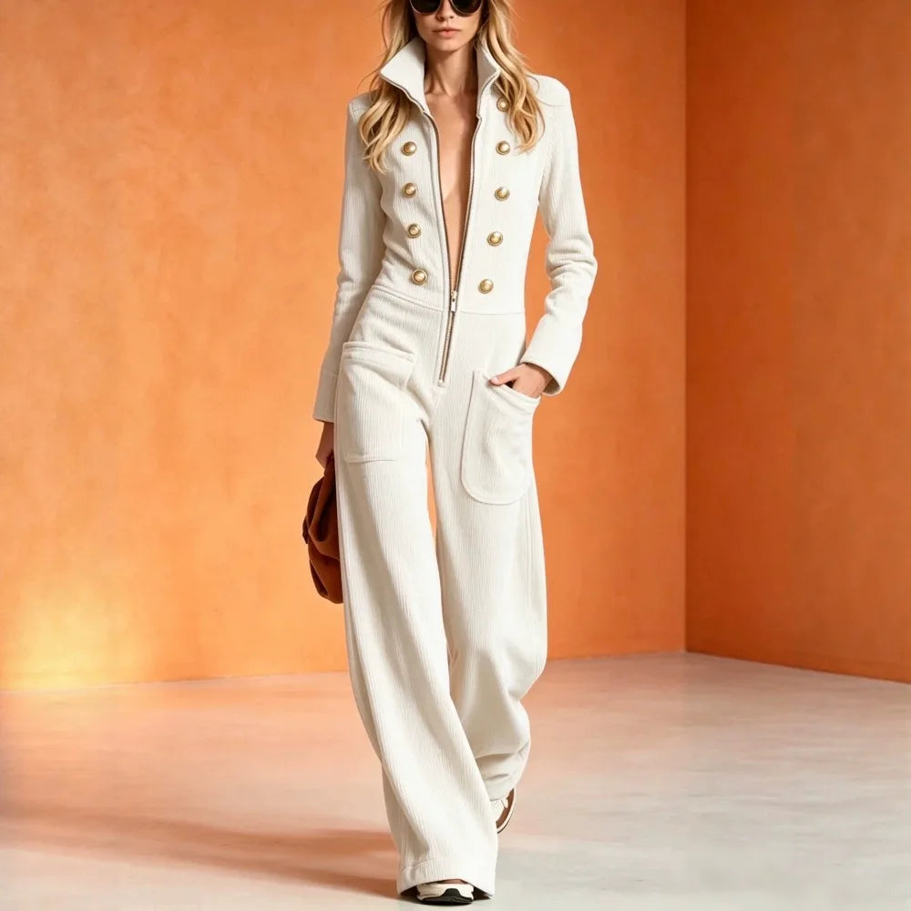 Jumpsuit - Front Zip Stand Collar - Wide Leg Silhouette - Mid Waist | KIMLUD