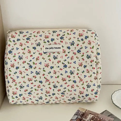 Women's Zipper Cosmetic Bag Organizer Flower Quilting Cotton Makeup Bag Female Cloth Handbag Portable Toiletry Case Girls Travel