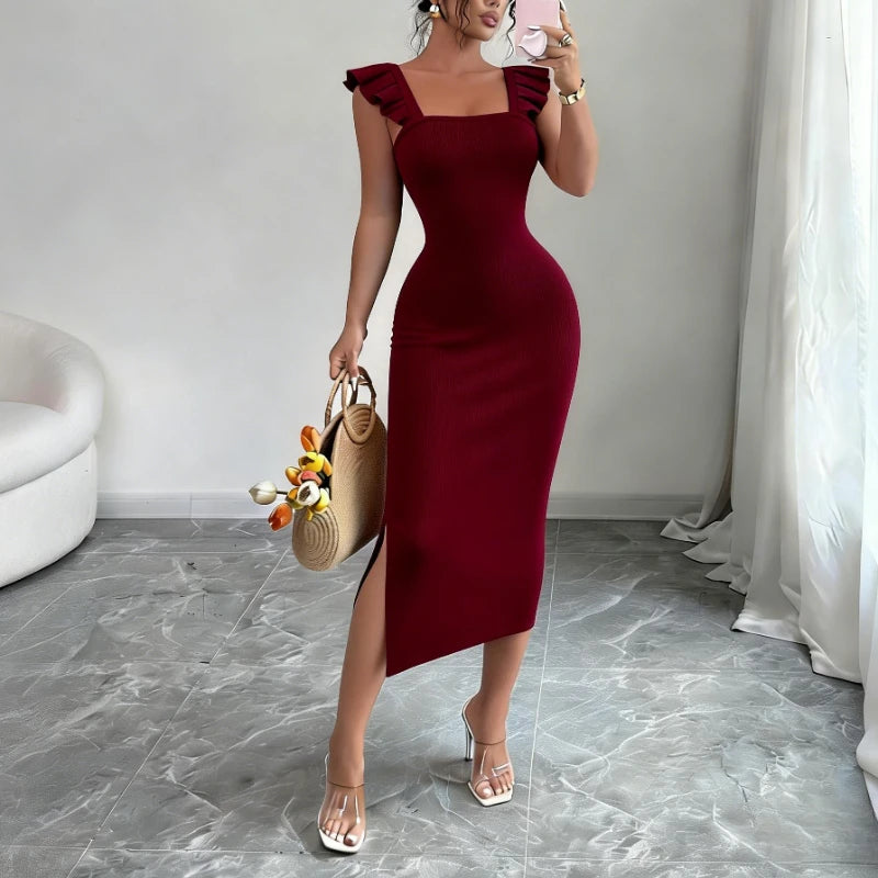 Ribbed Knit Bodycon Maxi Dress Square Neck Ruffle Straps — Black | KIMLUD
