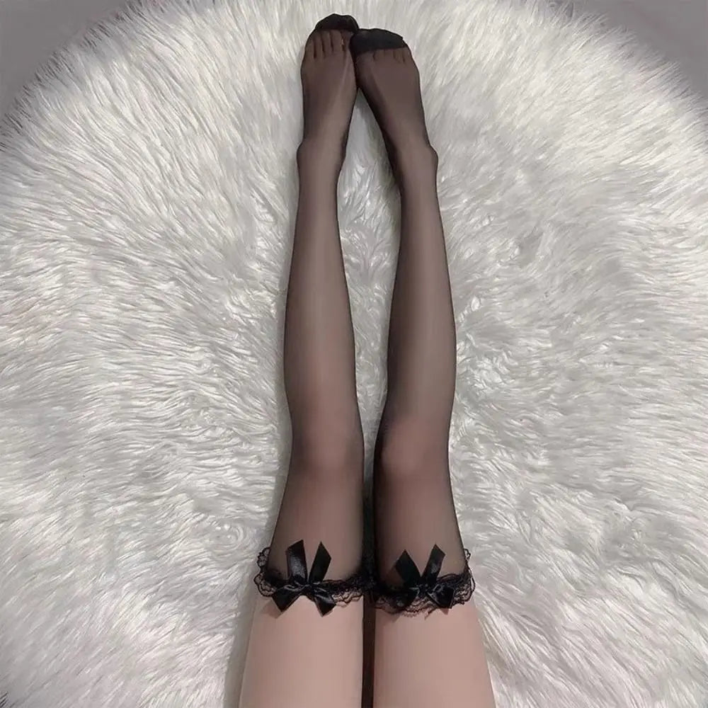 Black White Overknee Long Socks Women Sweet Girls Lolita Bowknot Thigh High Fishnet Stockings Gothic Punk Lace Mesh Legging