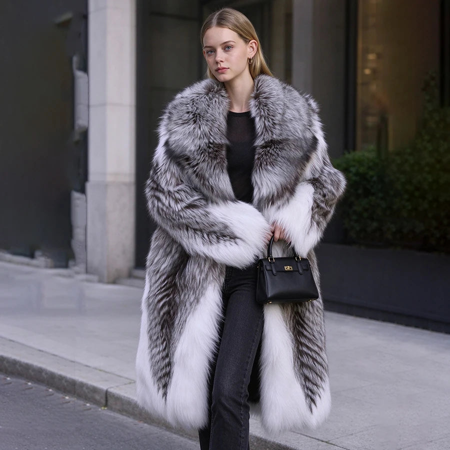 Fox Fur Coat – Turn-Down Collar – Fox Fur – Silver | KIMLUD