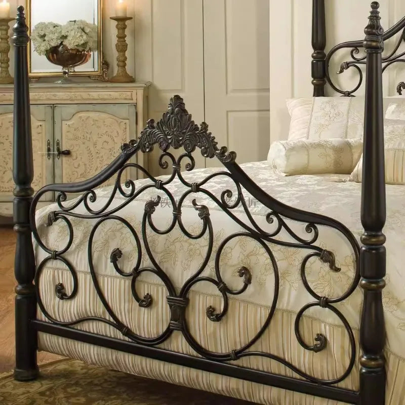 Retro European Wrought Iron Bed Frame Princess Iron — Antique Black | KIMLUD