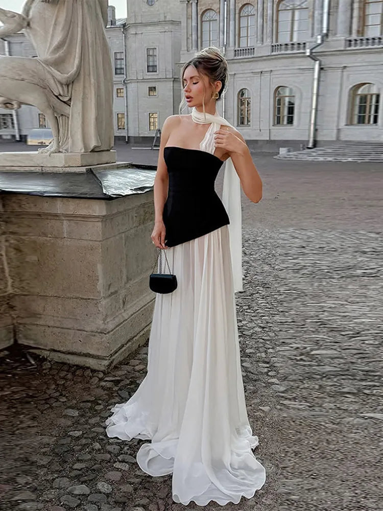 Elegant Color Blocking Ribbon Long Dress Fashion Off Shoulder High Waist Slim Patchwork Ruff Maxi Robes Lady Evening Party Dress