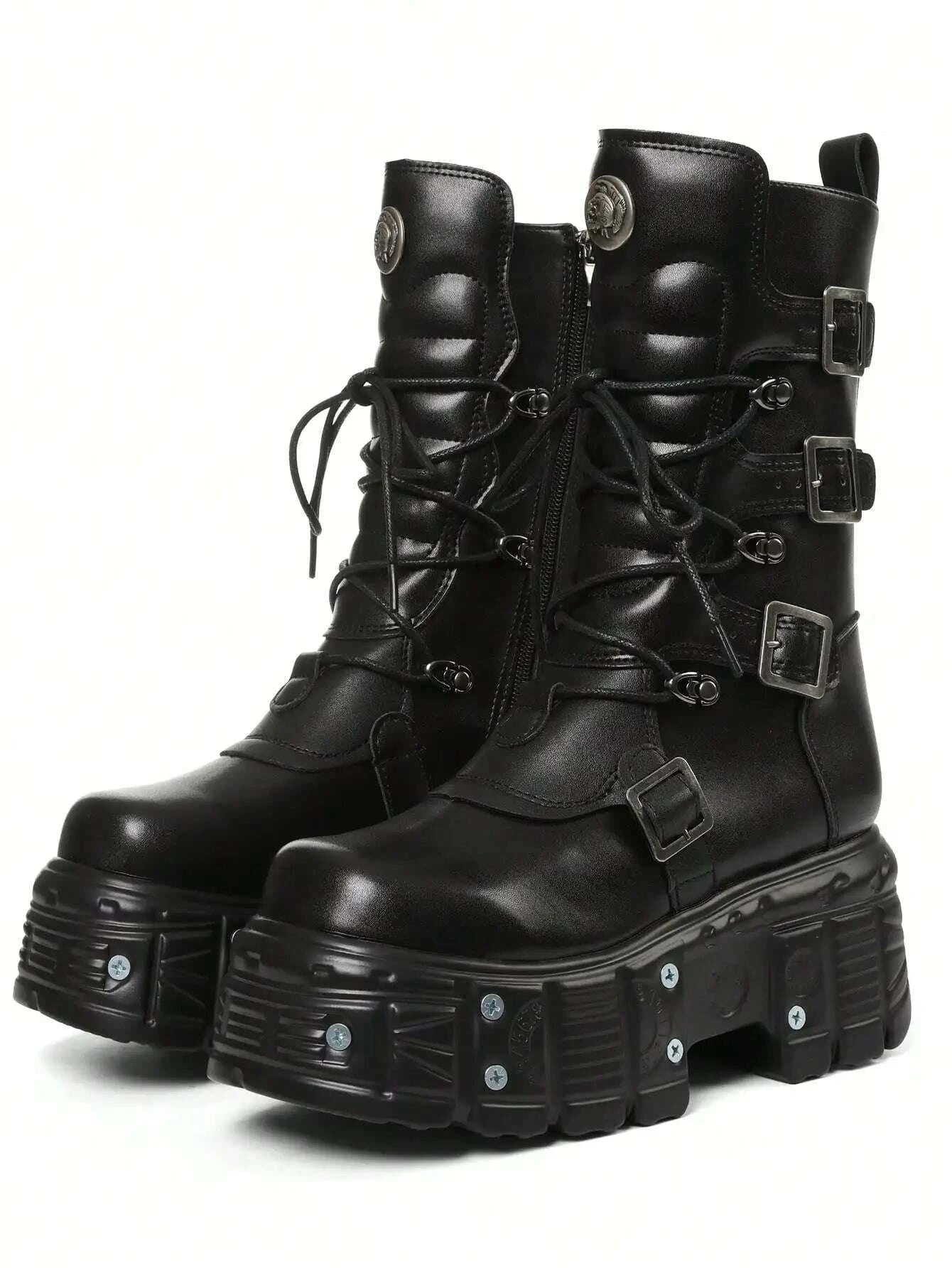 KIMLUD, Cool Fashion Women Combat Boots Chunky Heels Thick Bottom Studs Zip Buckle Platform Punk Gothic Luxury Women Street Shoes, KIMLUD Womens Clothes