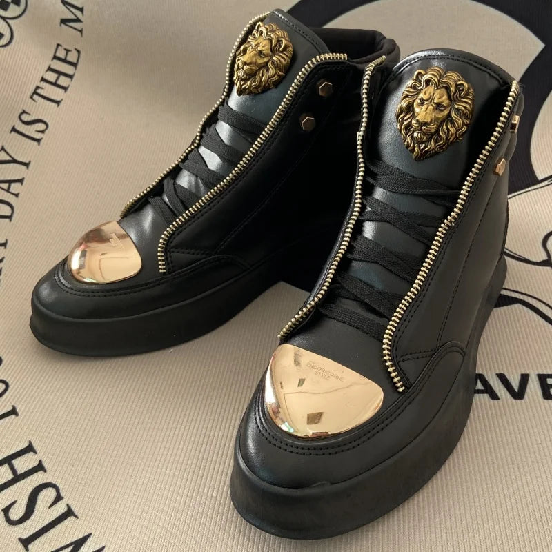 Artificial Leather High-Top Sneakers With Zip Decoration — Black | KIMLUD