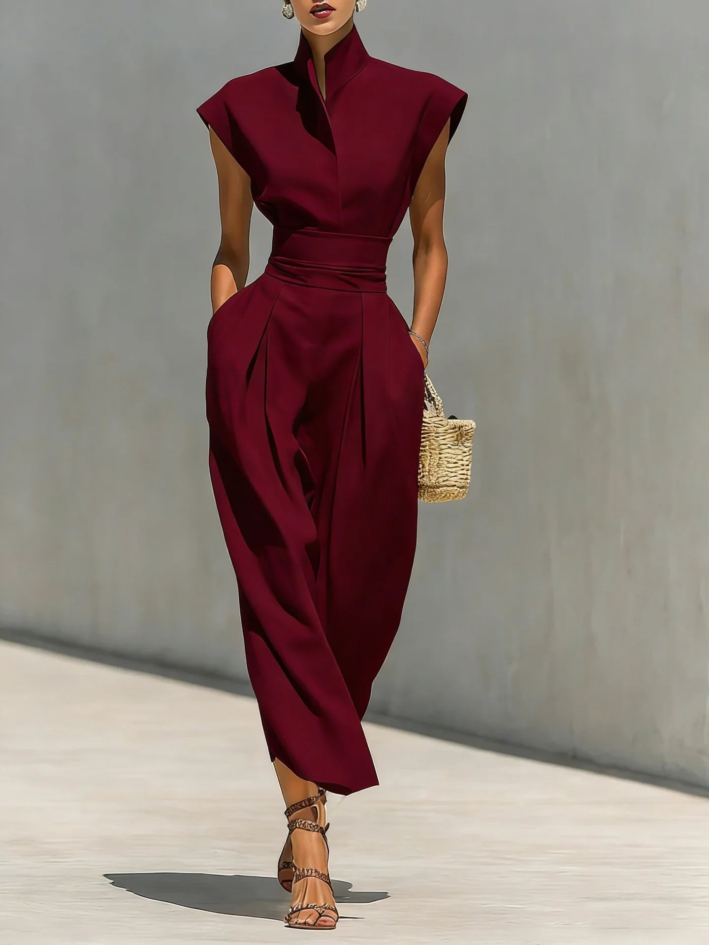 Dresses High Waist Pocket Polyester Sleeveless Midi Solid | KIMLUD