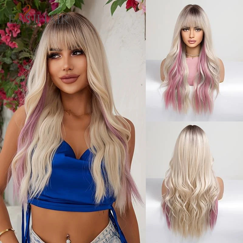 EASIHAIR Sandy Blonde Golden Wavy Synthetic Wigs with Long Bangs Cosplay Lolita Party Hair Wigs for Women Natural Heat Resistant