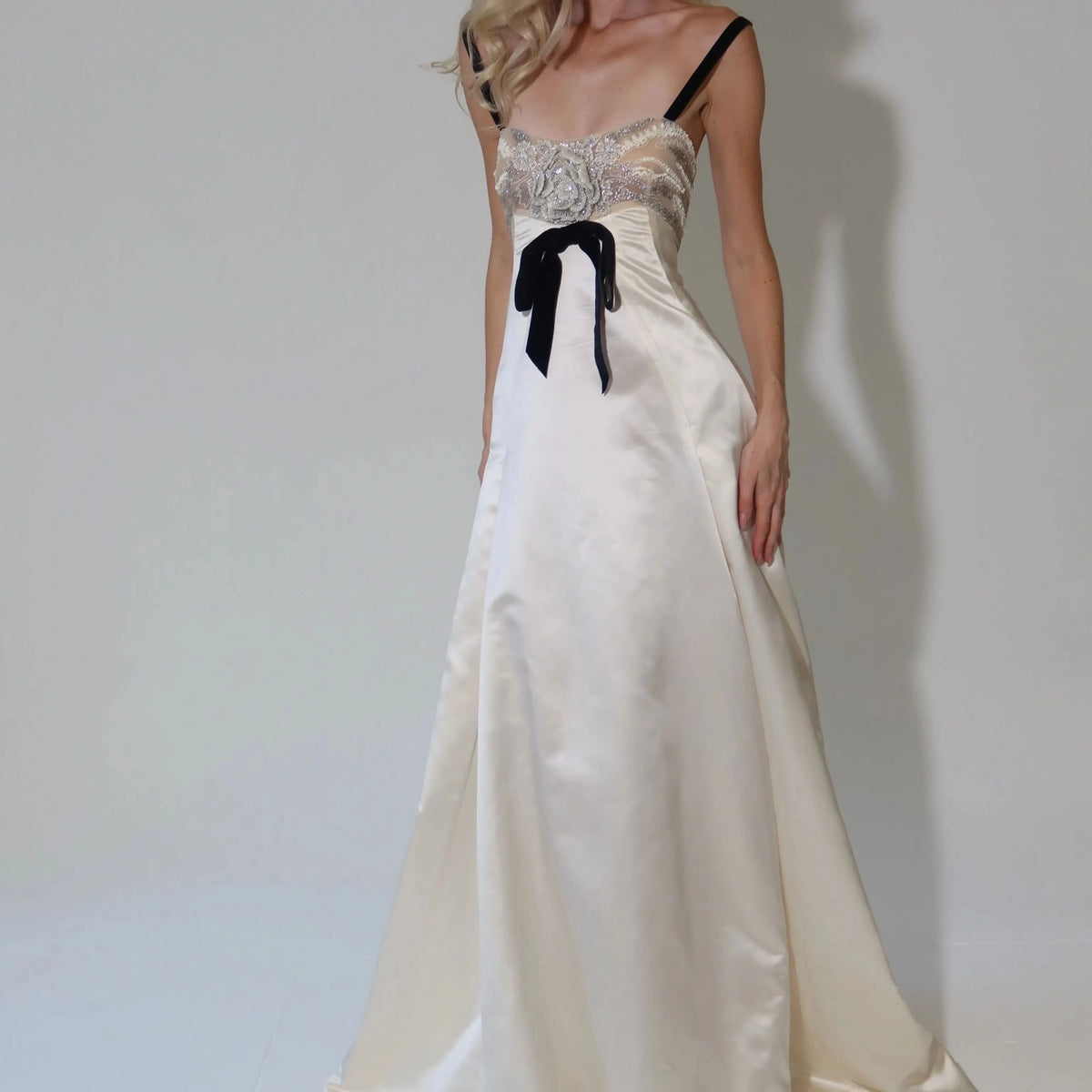 Evening Gown – Crystal Beaded Corset Bow – A-Line Silhouette – Ivory | KIMLUD