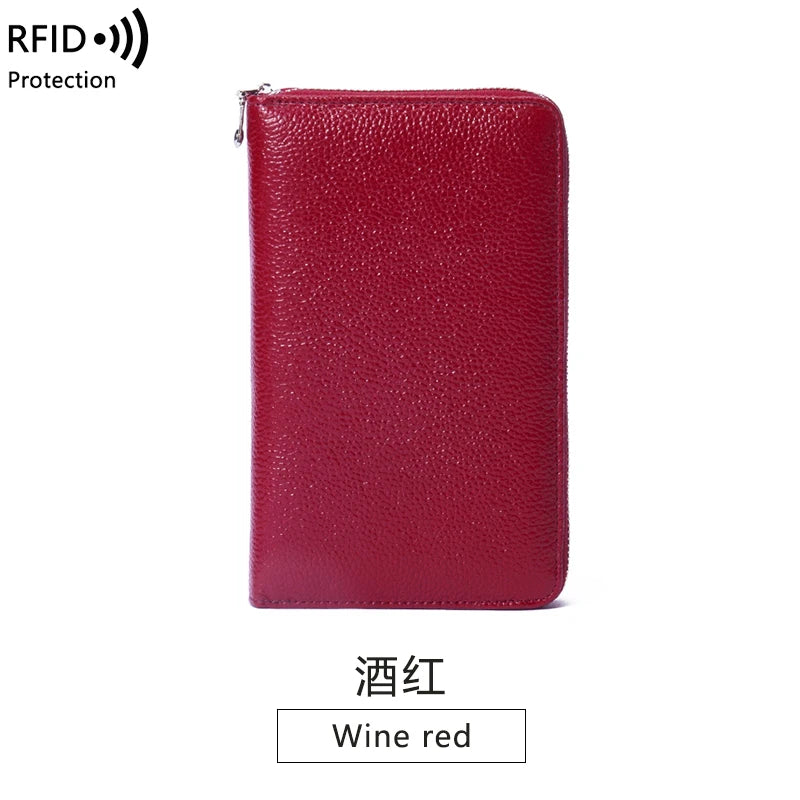 RFID Anti-Theft Cowhide Leather Wallet — Long Passbook Card Slots Black | KIMLUD