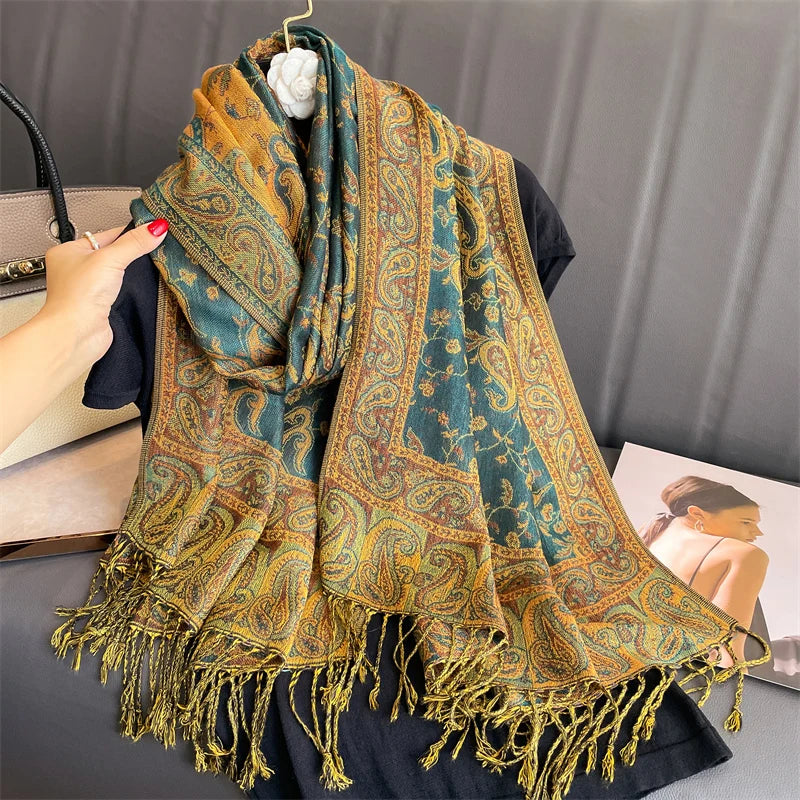 Cashmere Pashmina Shawl With Autumn Print Design, Olive Accents And Gold-Toned Fringe — Red | KIMLUD