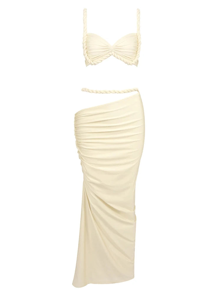 Two Piece Set – Crop Top And Ruched Bodycon Skirt – Polyester | KIMLUD