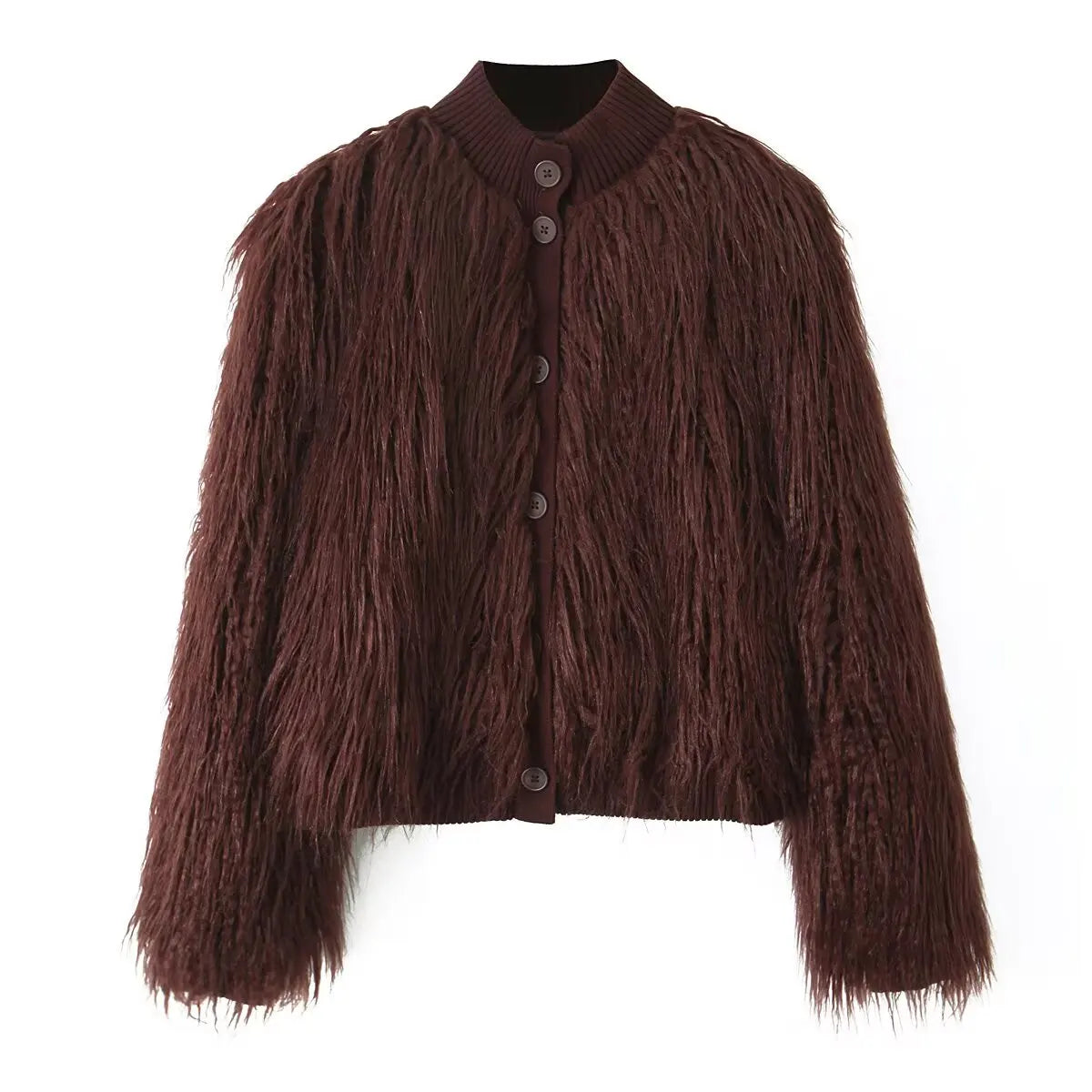 Women Short Faux Fur Jackets Streetwear Winter Casual Single Breasted Long Sleeves Artificial Fur Effect Knitted Jacket