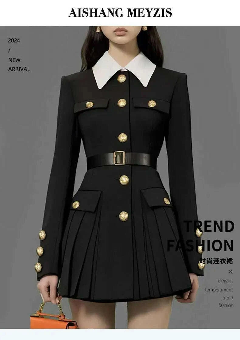 KIMLUD, Luxury Quality 2025 Spring Autumn Single Breasted Golden Button Long Full Sleeve Blazer Suit Coat Pleated Short Dresses Women, KIMLUD Womens Clothes
