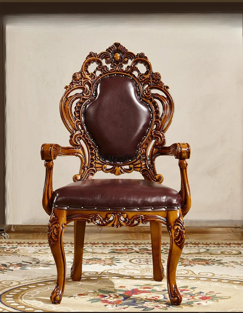 D33European dining chair, American luxury all-solid wood first-layer leather cowhide dining chair