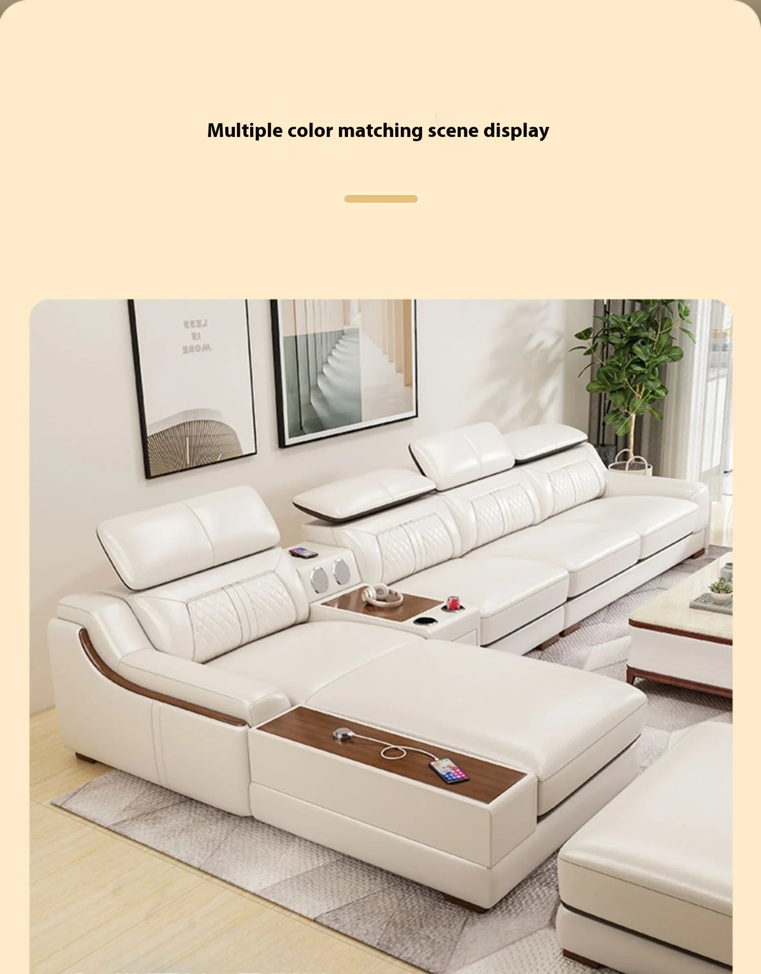 Genuine Italian Leather Sofa L-Shaped With Cup Holders USB Bluetooth — Light Gray | KIMLUD