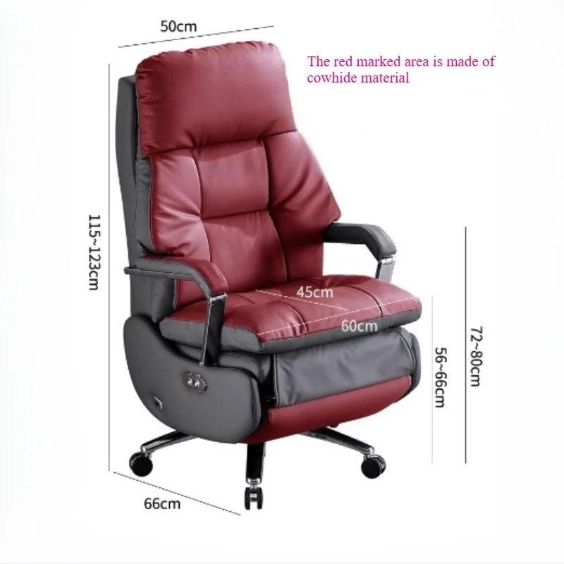 Red office chair with dimensions and material information on a white background