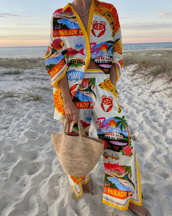 Two-Piece Set – Boho Beach Print – Loose Silhouette | KIMLUD