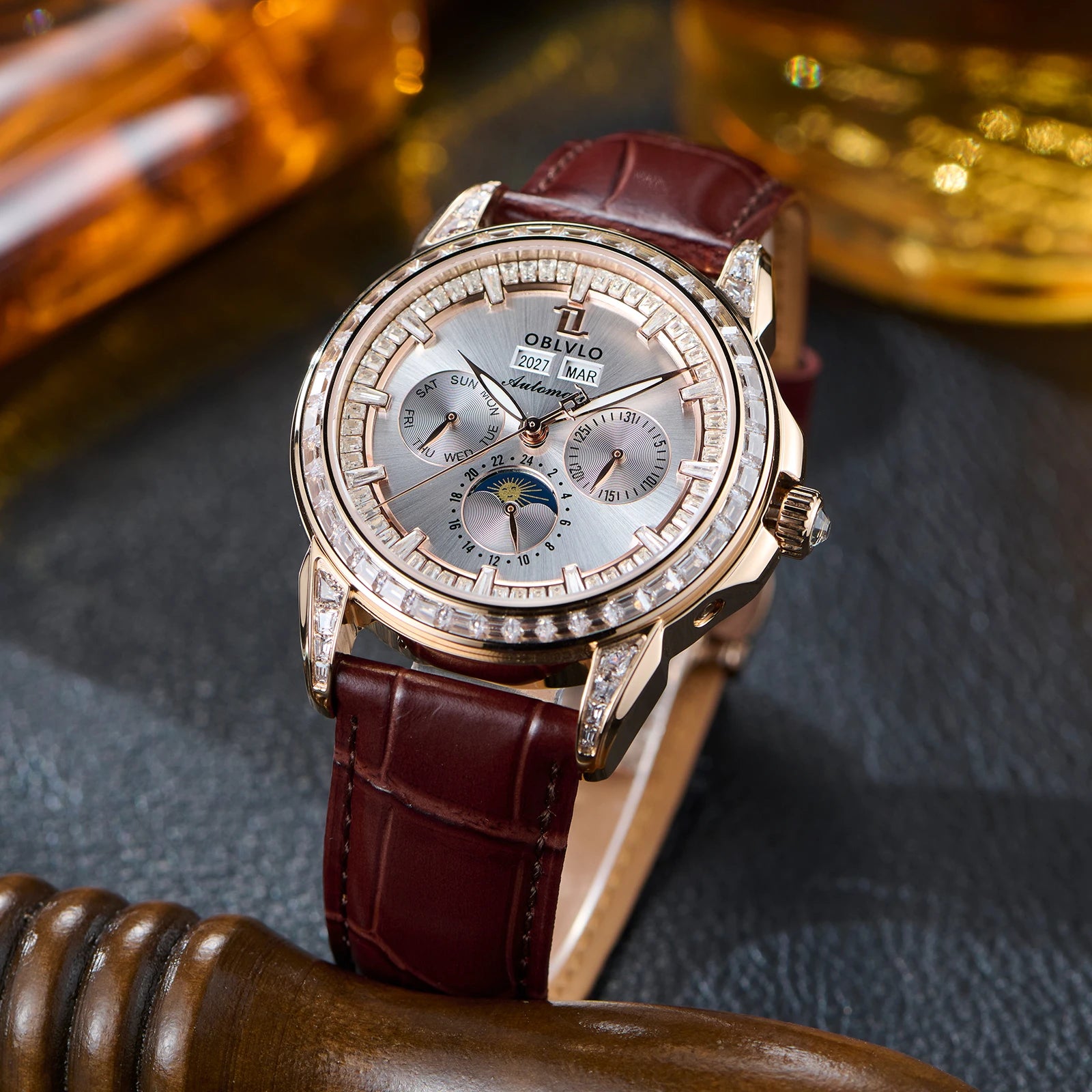 OBLVLO Men's Luxury Watch with Diamonds Bezel 24-Hour Multifunction White Dial Mechanical Automatic Moonphase Leather Strap GCM