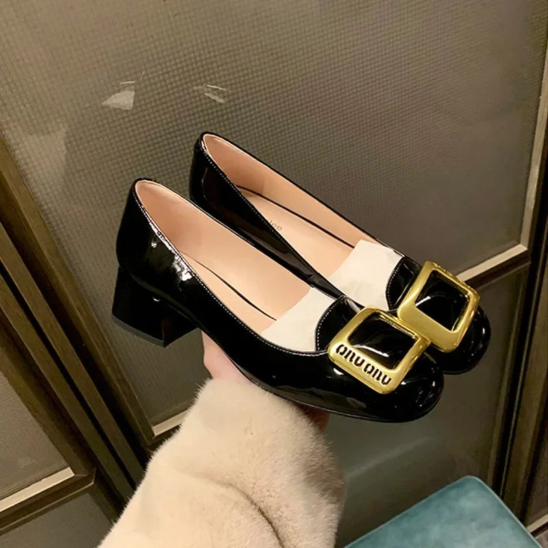 PU High Heels Round Toe Metal Buckle — Black | KIMLUD