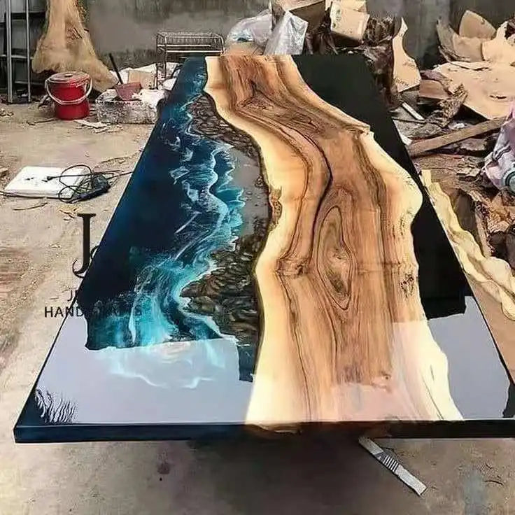 Walnut Wood Dining Table Top Amber Resin River — Walnut | KIMLUD