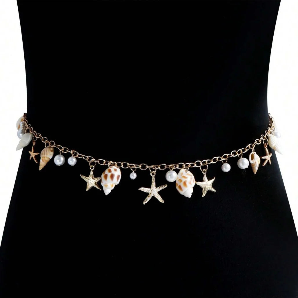 Gold-Tone Aluminium Alloy Shell Waist Chain With Imitation Pearls — Gold | KIMLUD