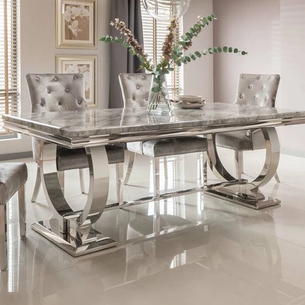 Marble Top Dining Table Set Rectangular Modern Design With Stainless Steel Frame And Four Chairs — Silver | KIMLUD