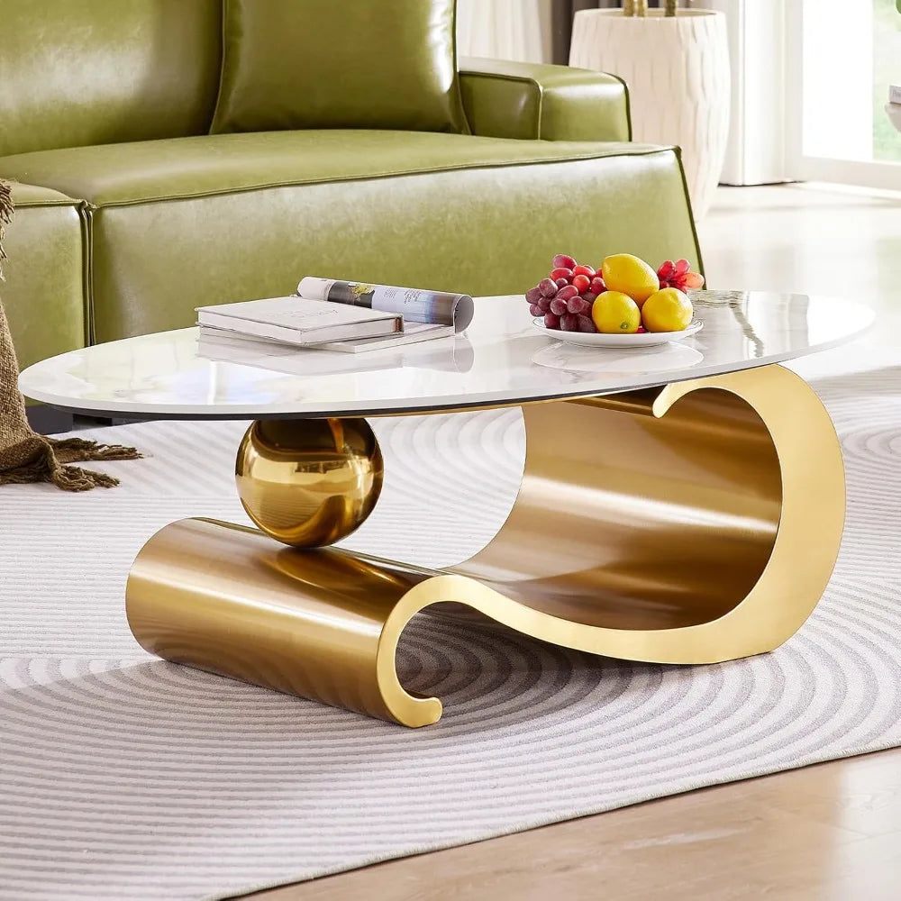 Faux Marble Oval Coffee Table White Veined Top, Gold Base — Gold | KIMLUD