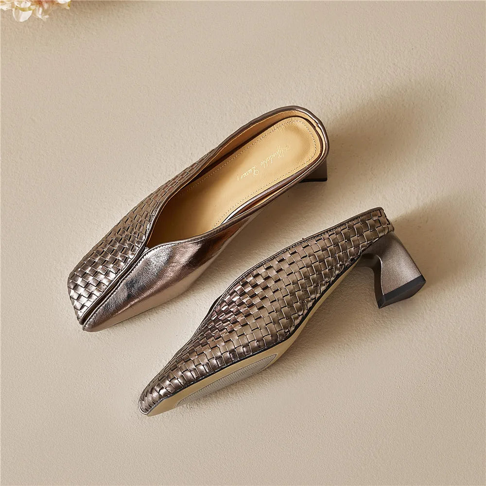 Metallic Cow Leather Slip-On Heels — Gold | KIMLUD