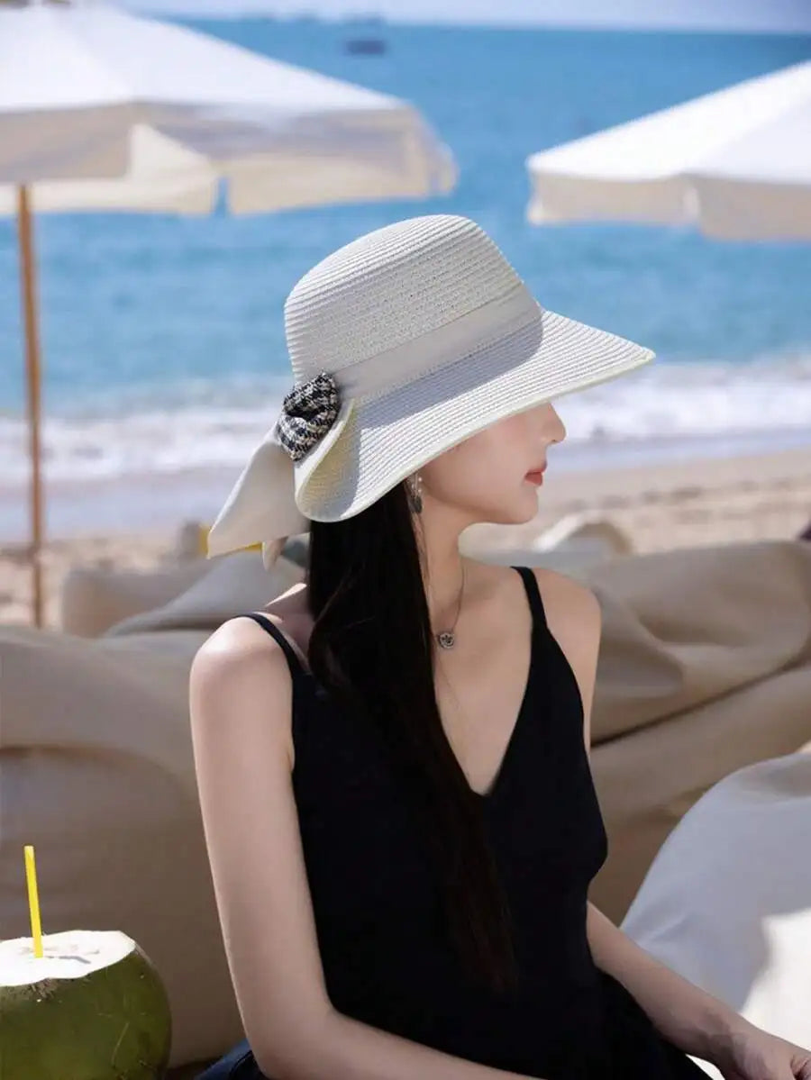 Womens Solid Color Wide Brim Straw Hat With Red Band French Elegant Casual Sun Protection Hat For Beach Vacation Travel