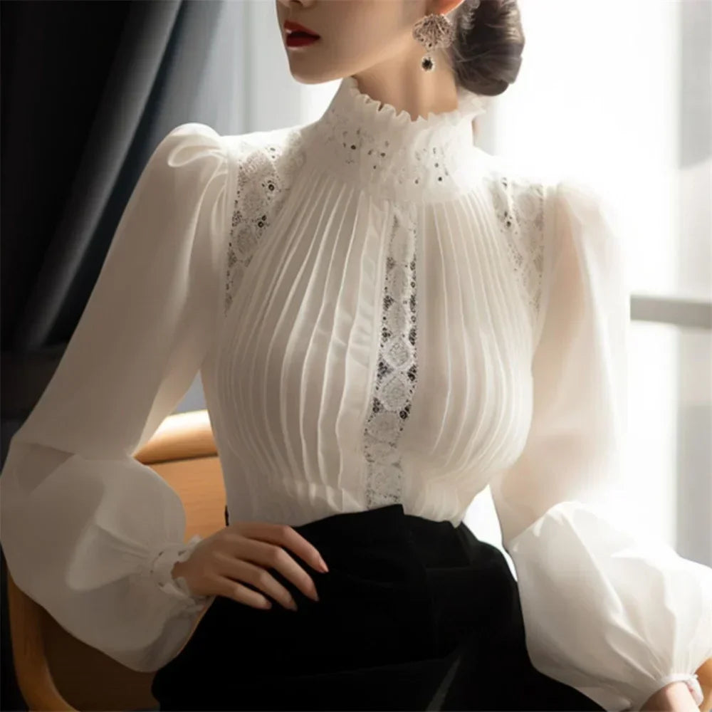 2024 Spring Ladies Patchwork Lace Hollow Out Long Sleeve Shirt Tops New Korean Fashion Women's Solid Color Stand Collar Blouses