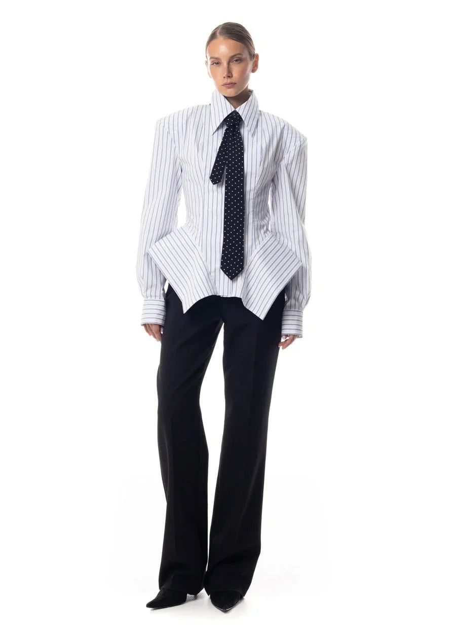 Fitted Striped Shirt Asymmetric Hem — Pink | KIMLUD
