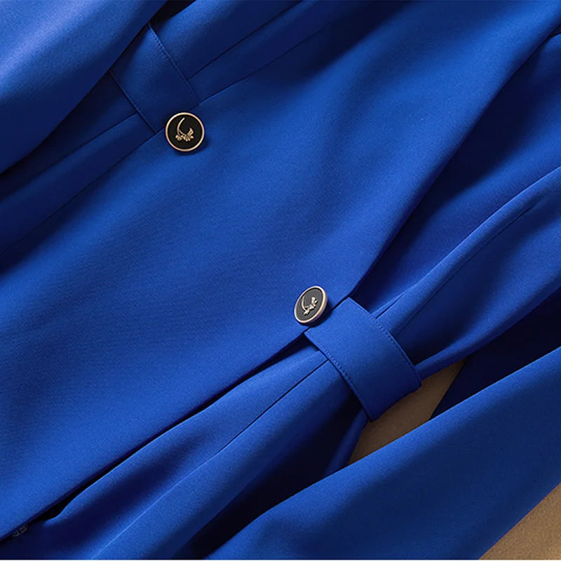 Polyester A-Line Long-Sleeve Formal Dress With Subtle Button Detailing — Blue | KIMLUD