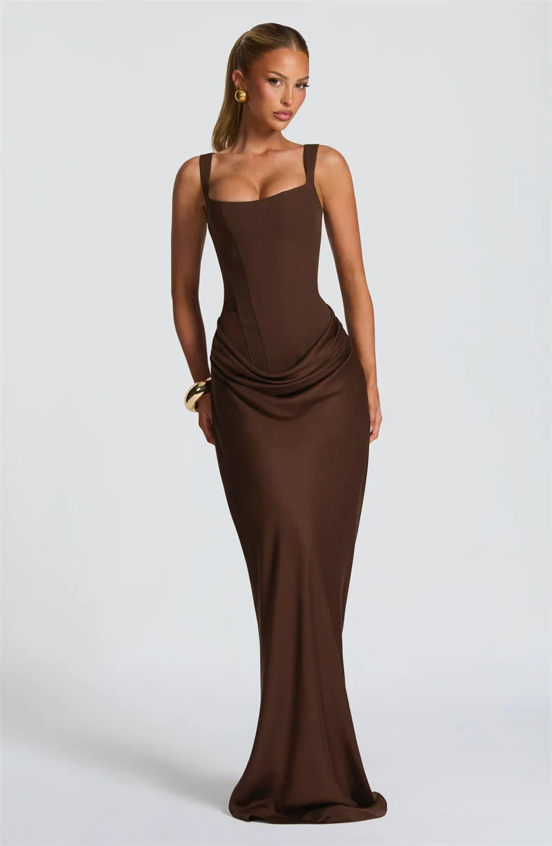 Backless Maxi Dress With Square Collar — Burgundy | KIMLUD