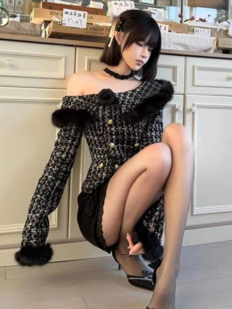 KIMLUD, New Winter Elegant Fashion 2 Piece Set Women Off Shoulder Long Sleeve Cardigan Coat +Mini Skirt French Casual Chic Retro Outfits, KIMLUD Womens Clothes