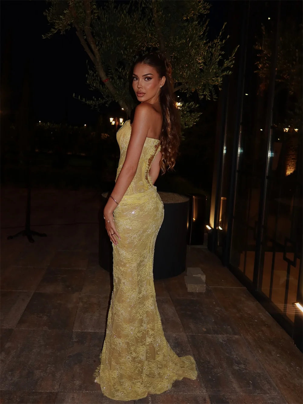 Cathy Customized Yellow Mermaid Lace Embroidery Prom Dresses Sequins Sleeveless vestidos de noiva Side High Split Formal Evening