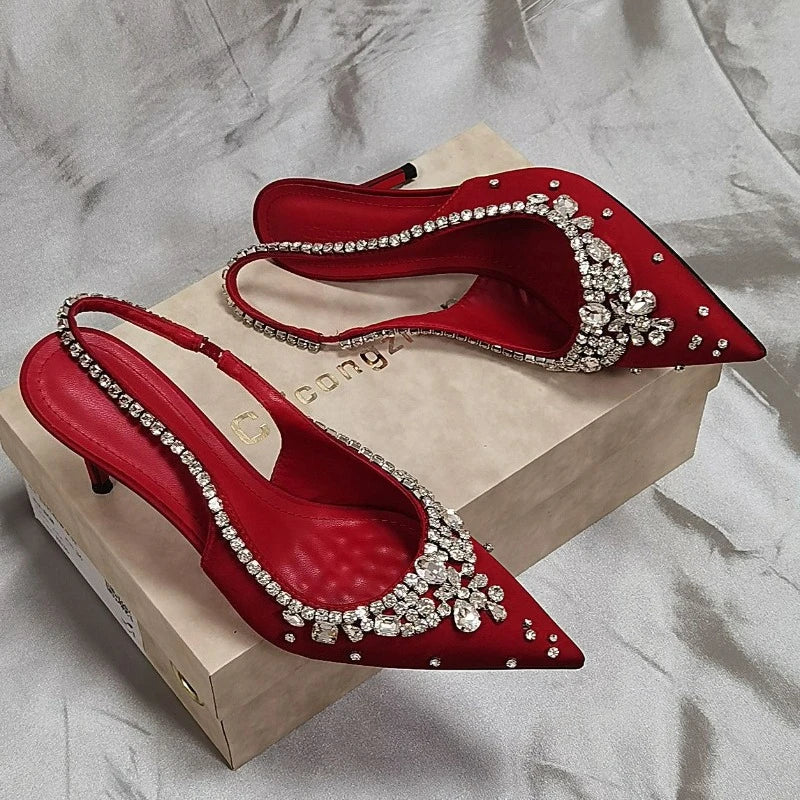 Dresses Satin Pointy Toe Heels With Rhinestones — Silver | KIMLUD