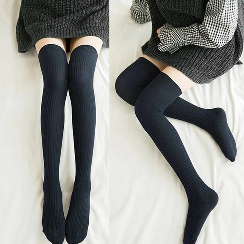 Knit Ultra-Warm Over-Knee Stockings Striped — Black | KIMLUD