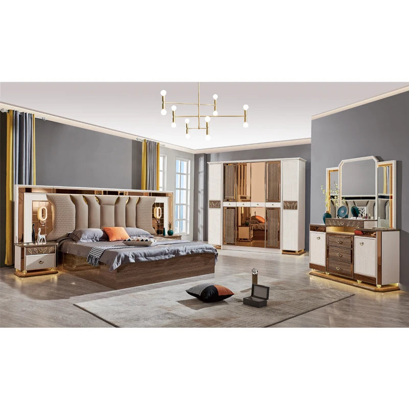 A Classic Royal Queen Wooden Double Leather Bed Room King Size Home Modern Luxury Full Mdf Turkish Bedroom Furniture Set